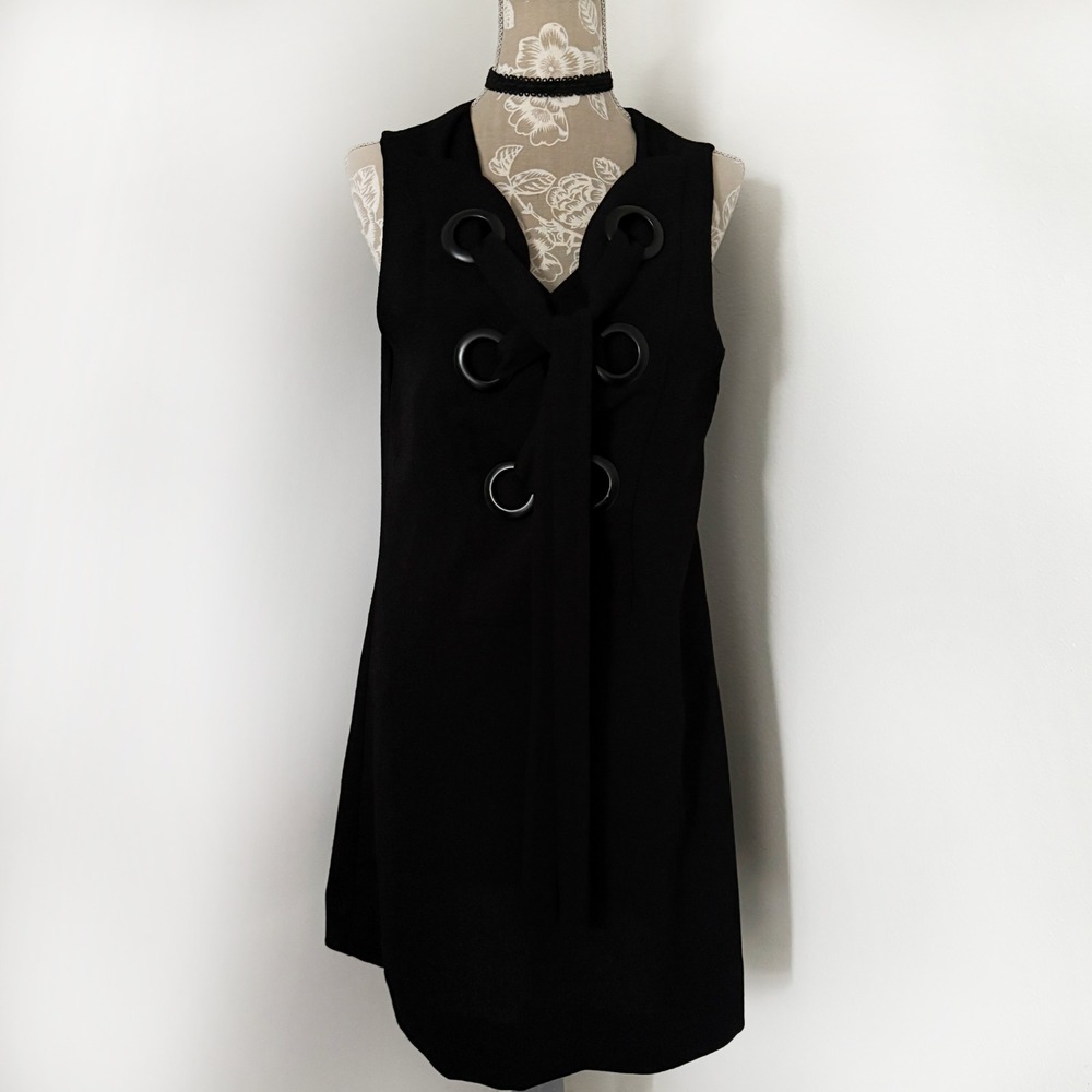 English Factory Black Grommet Tie Up Shift Dress Sleeveless Size S